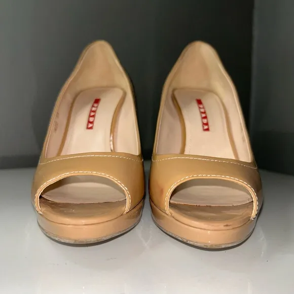 Vintage Prada Espadrilles Nude Patent Leather Peep-Toe Wedges size 36.5