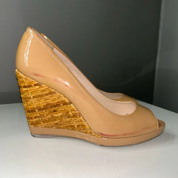 Vintage Prada Espadrilles Nude Patent Leather Peep-Toe Wedges size 36.5