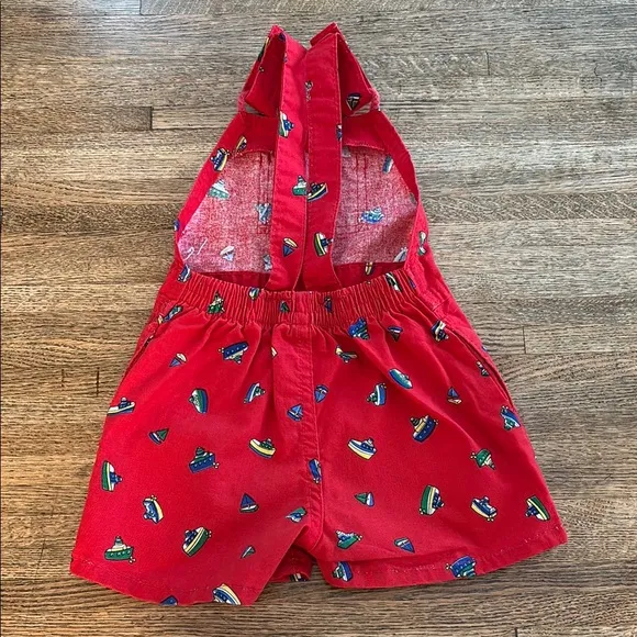 Vintage Retro 80’s/90’s Rare OshKosh B'gosh Red Boat Print Overall Shorts Sz 3T