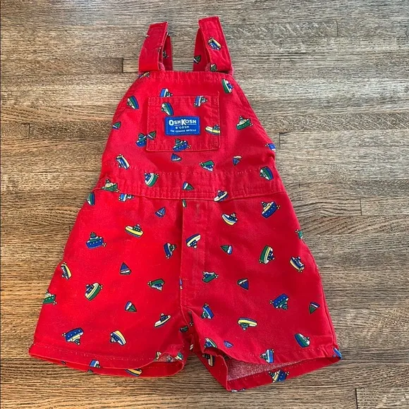 Vintage Retro 80’s/90’s Rare OshKosh B'gosh Red Boat Print Overall Shorts Sz 3T