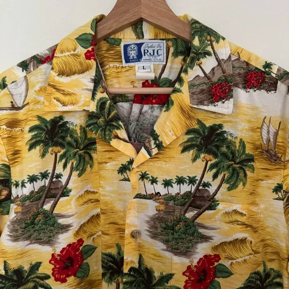 Vintage RJC Hawaiian Shirt Adult Large Button Up Floral Palm Trees Island Mens