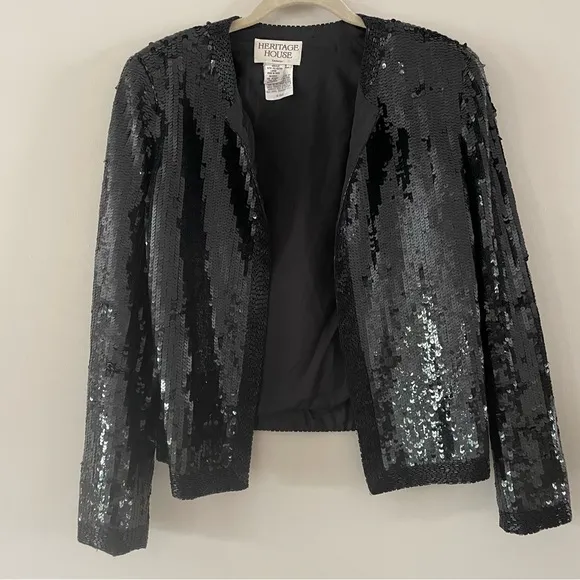 Vintage Silk Beaded Cropped Blazer Jacket Black Classic Black Tie Fit