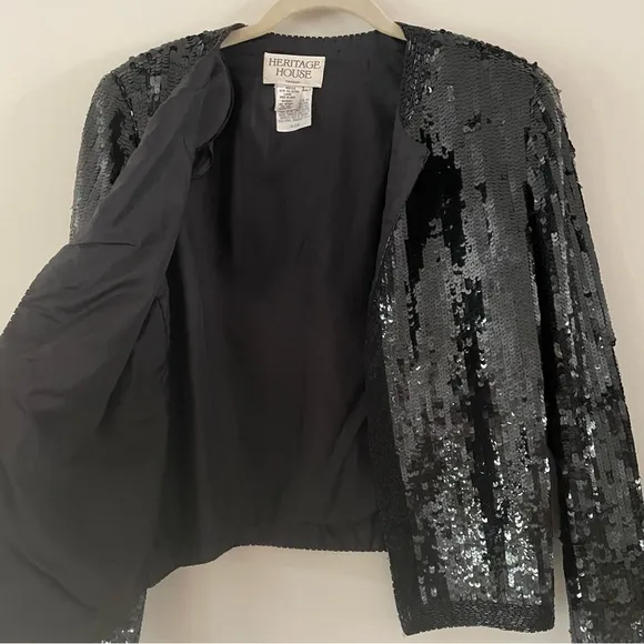 Vintage Silk Beaded Cropped Blazer Jacket Black Classic Black Tie Fit