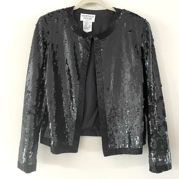 Vintage Silk Beaded Cropped Blazer Jacket Black Classic Black Tie Fit
