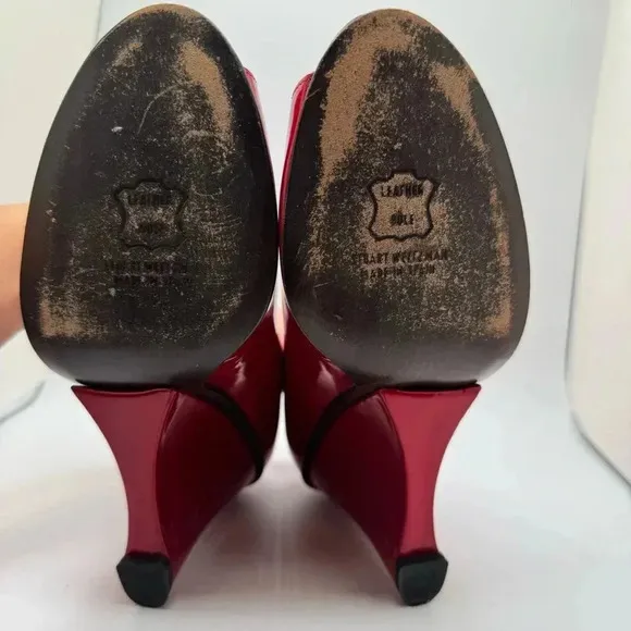 Vintage STUART WEITZMAN patent red peep toe wedges pinup retro Dalmatian 7.5