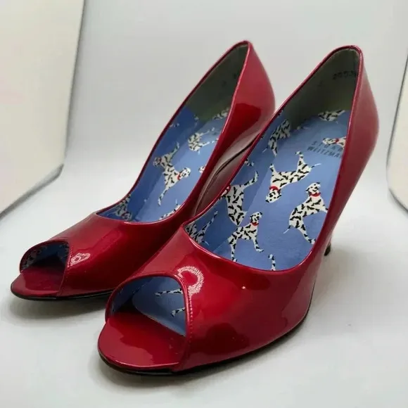 Vintage STUART WEITZMAN patent red peep toe wedges pinup retro Dalmatian 7.5