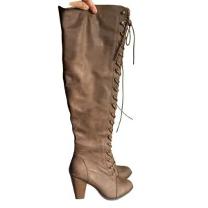 Vintage Y2K Forever 21 Brown Lace Up Heeled Over The Knee Boots Size 10 Vegan