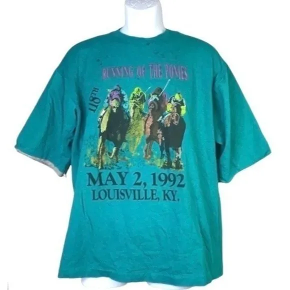 Vintage 90s GITANO Kentucky Derby 92 Horse Racing SS Graphic Tee T-Shirt Men's L