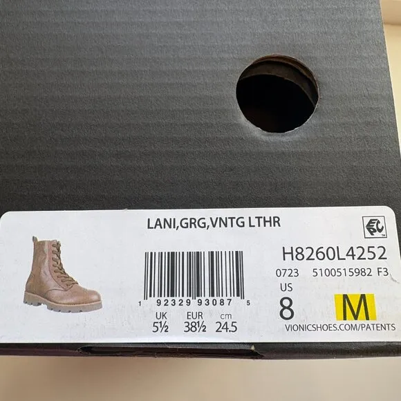 Vionic Lani Combat Boots Leather Lace Up Booties Greige Brown Size 8 NEW