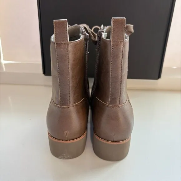 Vionic Lani Combat Boots Leather Lace Up Booties Greige Brown Size 8 NEW