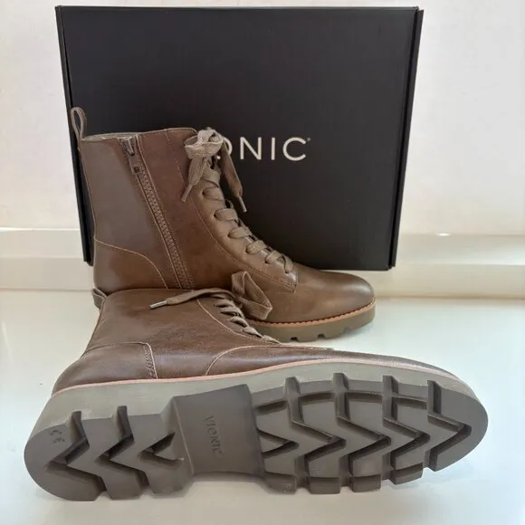 Vionic Lani Combat Boots Leather Lace Up Booties Greige Brown Size 8 NEW