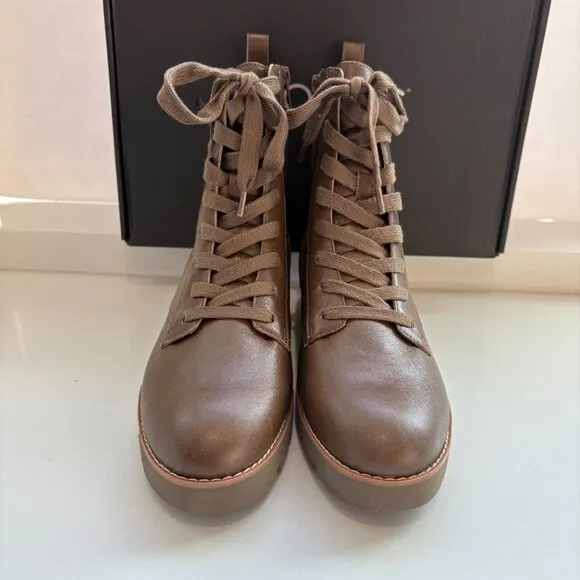 Vionic Lani Combat Boots Leather Lace Up Booties Greige Brown Size 8 NEW