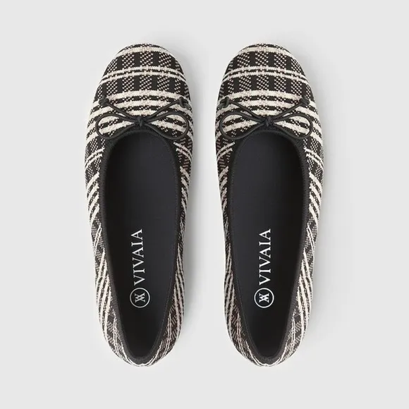 Vivaia Odette Round-Toe Bow Flats Plaid Tan Black 39 NWOB