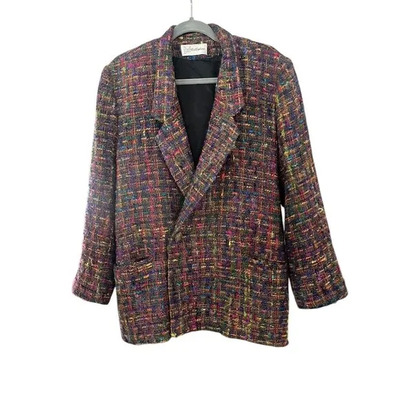 VP Collections Jacket Women XL Multicolor Button Blazer Tweed Retro Wool Office