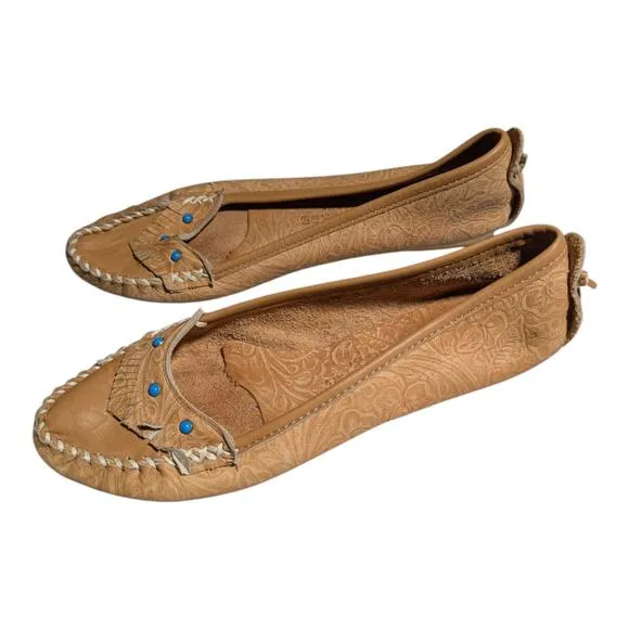 Vtg 1970s Cherokee Tan Tooled Leather Turquoise Studded Moccasin Flats Sz 8.5