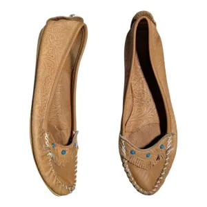 Vtg 1970s Cherokee Tan Tooled Leather Turquoise Studded Moccasin Flats Sz 8.5