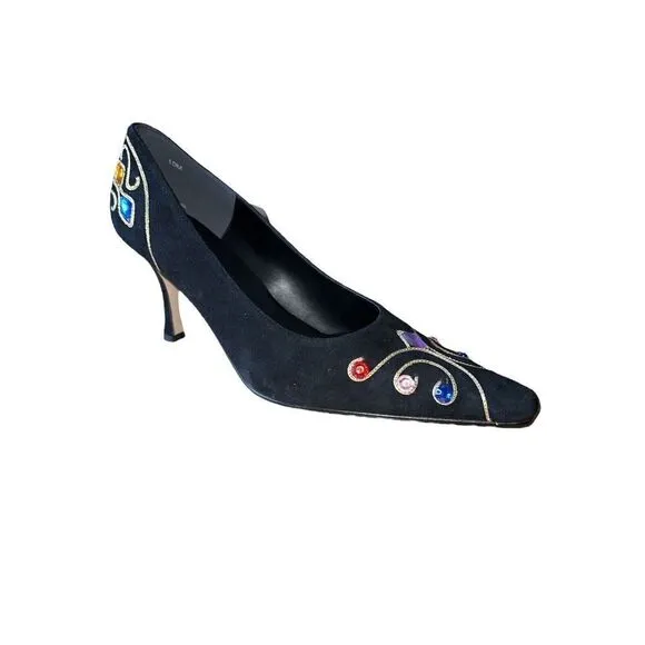 VTG 80s/90s J.Renee Black Suede Gold Tone Embroidered Jeweled Heels Women Sz 10