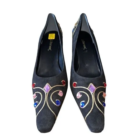 VTG 80s/90s J.Renee Black Suede Gold Tone Embroidered Jeweled Heels Women Sz 10
