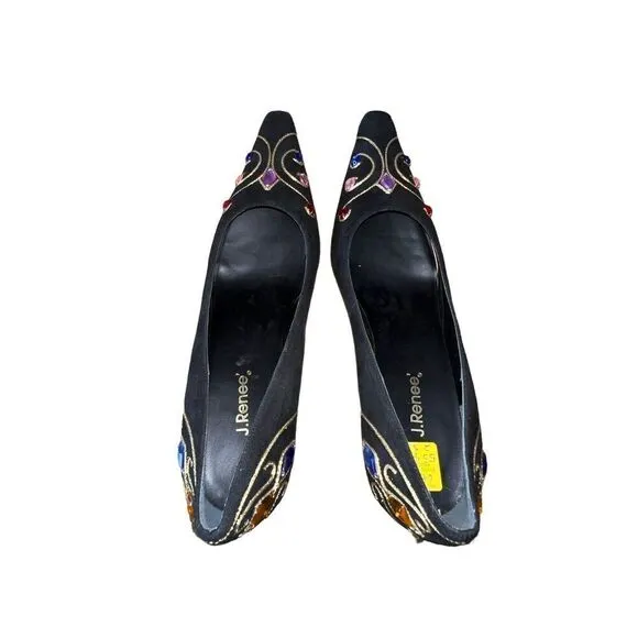 VTG 80s/90s J.Renee Black Suede Gold Tone Embroidered Jeweled Heels Women Sz 10