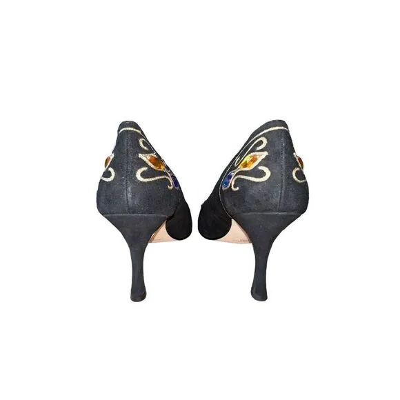 VTG 80s/90s J.Renee Black Suede Gold Tone Embroidered Jeweled Heels Women Sz 10