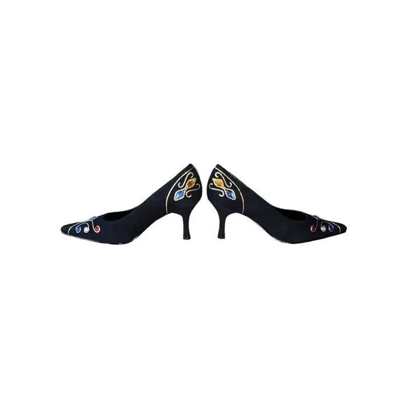 VTG 80s/90s J.Renee Black Suede Gold Tone Embroidered Jeweled Heels Women Sz 10