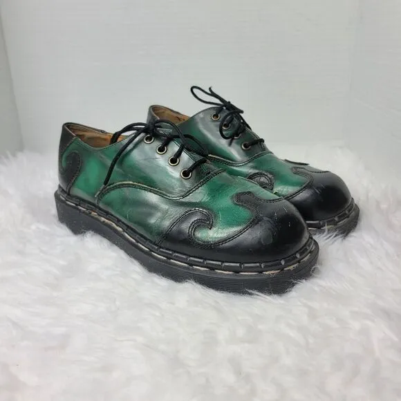 Vtg 90s TredAir Women's Shoes Sz 6.5  Black Green Leather Oxford Spiral Stitched
