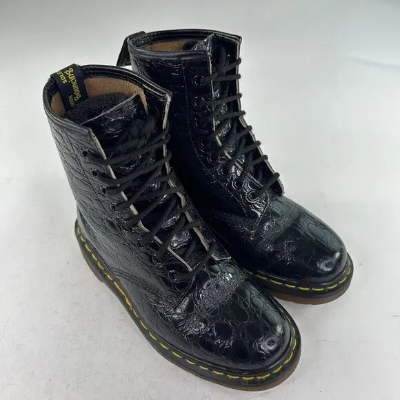 VTG Dr. Martens 1460 Boots Black Crocodile Embossed US 5 Lace-Up Combat Boot UK3