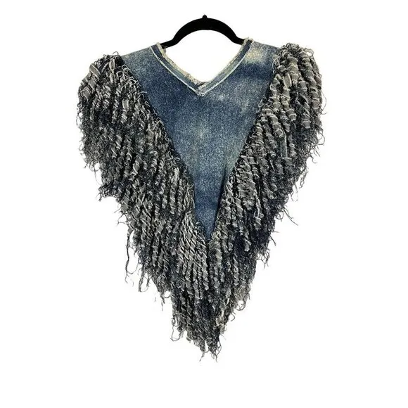 Vtg Gypsy Wears Denim Poncho Women OS Blue Vest Fringe Biker Festival Boho Rave