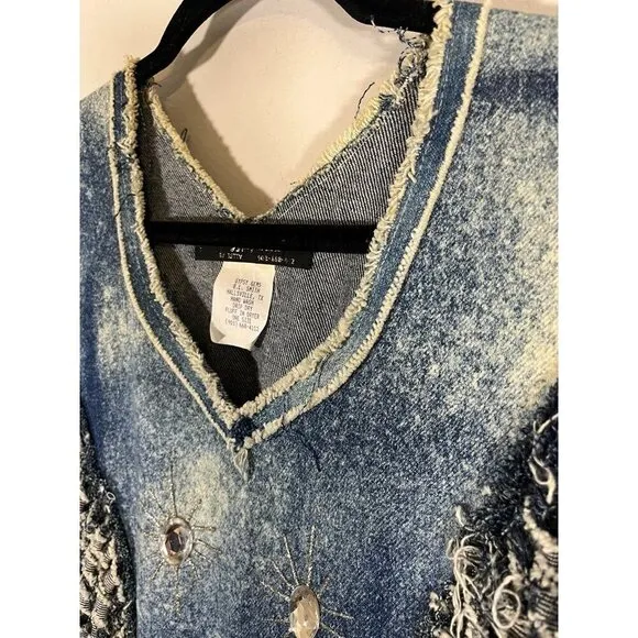 Vtg Gypsy Wears Denim Poncho Women OS Blue Vest Fringe Biker Festival Boho Rave