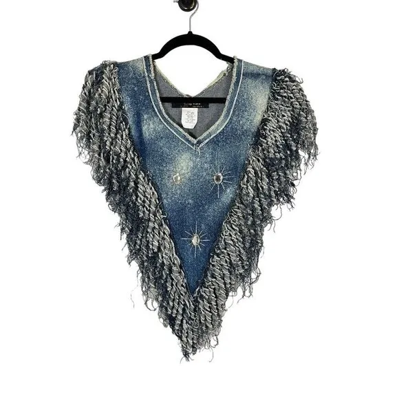 Vtg Gypsy Wears Denim Poncho Women OS Blue Vest Fringe Biker Festival Boho Rave
