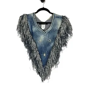Vtg Gypsy Wears Denim Poncho Women OS Blue Vest Fringe Biker Festival Boho Rave