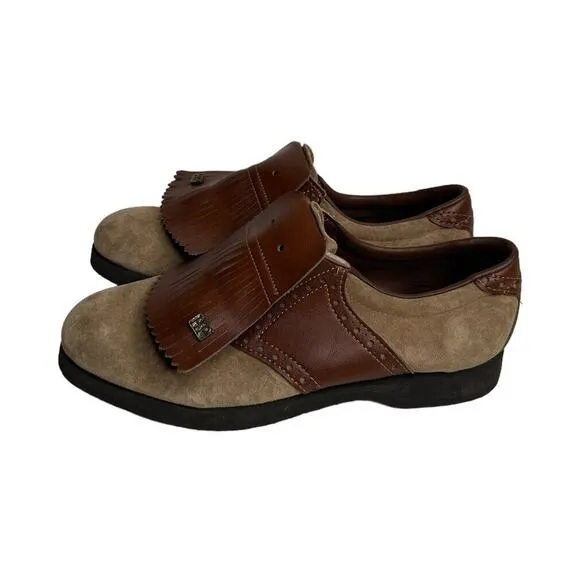 Vtg Hush Puppies Two Tone Brown Suede Leather Kiltie Golf Shoes Metal Cleats 8.5
