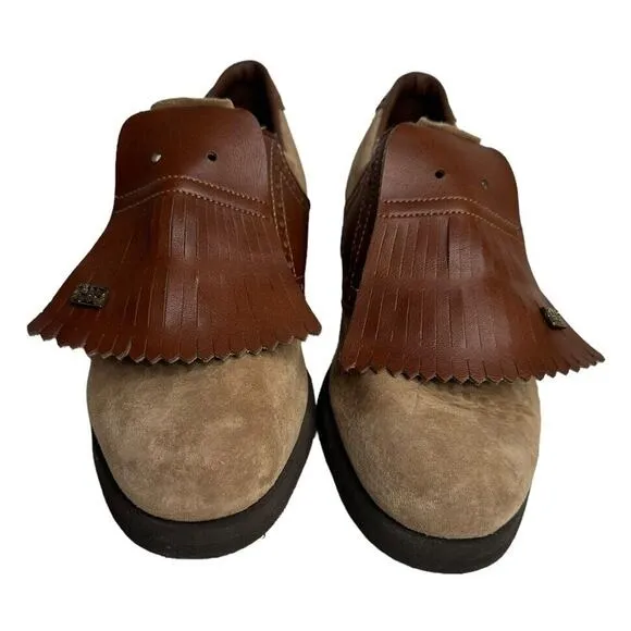 Vtg Hush Puppies Two Tone Brown Suede Leather Kiltie Golf Shoes Metal Cleats 8.5