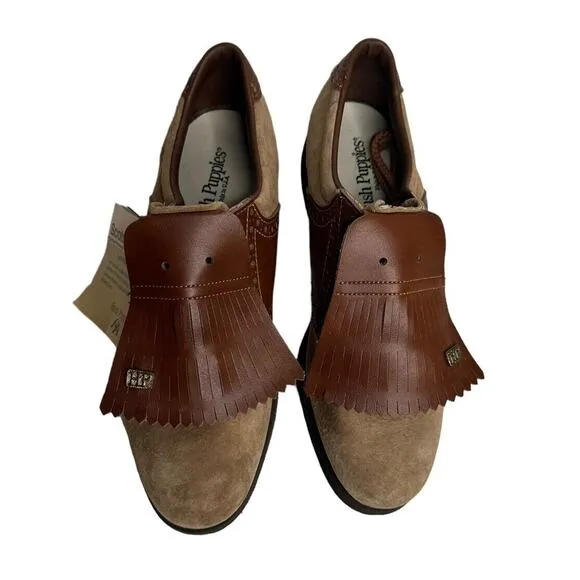 Vtg Hush Puppies Two Tone Brown Suede Leather Kiltie Golf Shoes Metal Cleats 8.5