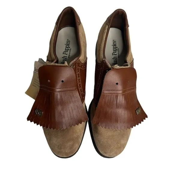 Vtg Hush Puppies Two Tone Brown Suede Leather Kiltie Golf Shoes Metal Cleats 8.5