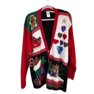 VTG Jantzen Sweater Women L Red V Neck Cardigan Christmas Embroidery Festive