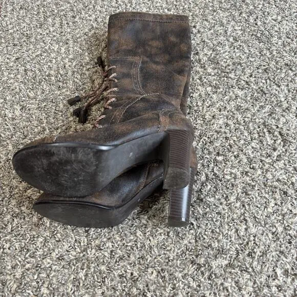 VTG Mudd Penny Lane Tall Boots Boho Lace Up Zip Witch Victorian Brown Heeled 7 M