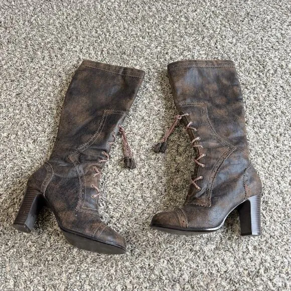 VTG Mudd Penny Lane Tall Boots Boho Lace Up Zip Witch Victorian Brown Heeled 7 M