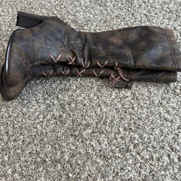 VTG Mudd Penny Lane Tall Boots Boho Lace Up Zip Witch Victorian Brown Heeled 7 M