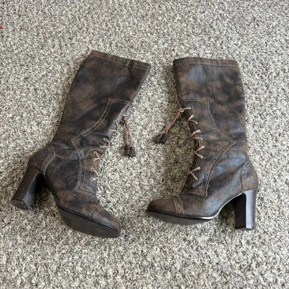 VTG Mudd Penny Lane Tall Boots Boho Lace Up Zip Witch Victorian Brown Heeled 7 M