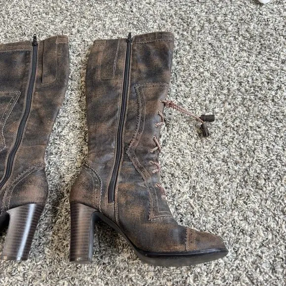 VTG Mudd Penny Lane Tall Boots Boho Lace Up Zip Witch Victorian Brown Heeled 7 M
