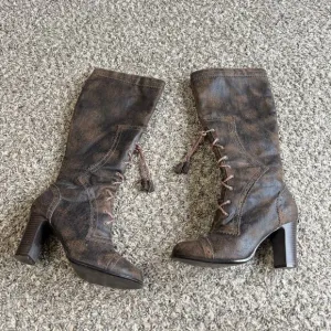 VTG Mudd Penny Lane Tall Boots Boho Lace Up Zip Witch Victorian Brown Heeled 7 M