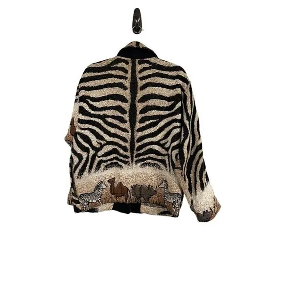 Vtg Sugar Street Weaver Jacket Women OS Brown Knit Collar Animal Print 80s Zebra