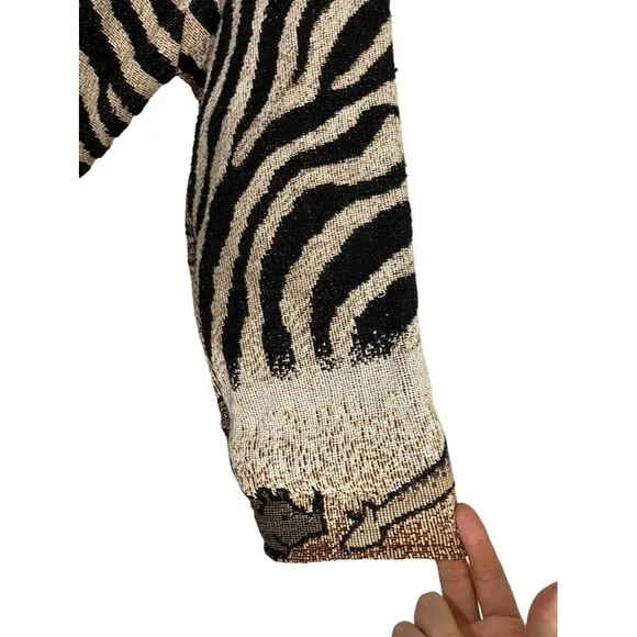 Vtg Sugar Street Weaver Jacket Women OS Brown Knit Collar Animal Print 80s Zebra