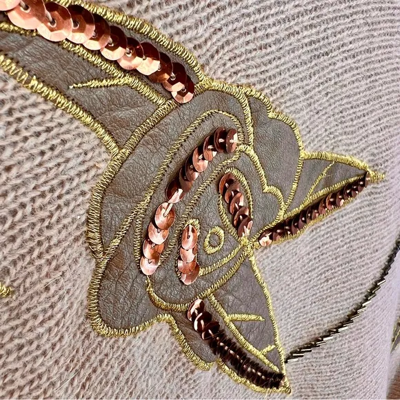 Vtg Vivien Forest Angora Lambswool Embellished Sweater Medium Tan Gold Beaded