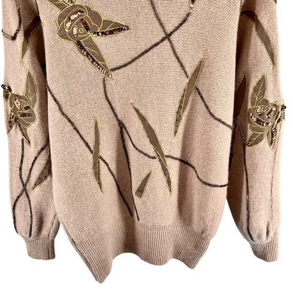 Vtg Vivien Forest Angora Lambswool Embellished Sweater Medium Tan Gold Beaded