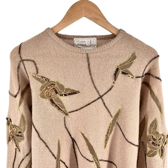 Vtg Vivien Forest Angora Lambswool Embellished Sweater Medium Tan Gold Beaded