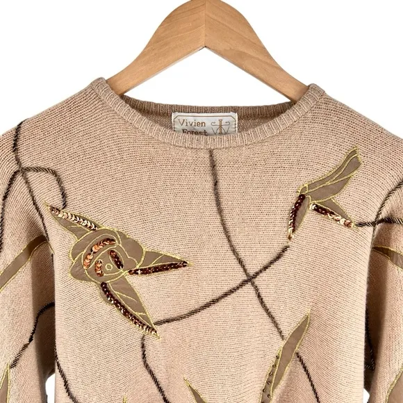 Vtg Vivien Forest Angora Lambswool Embellished Sweater Medium Tan Gold Beaded
