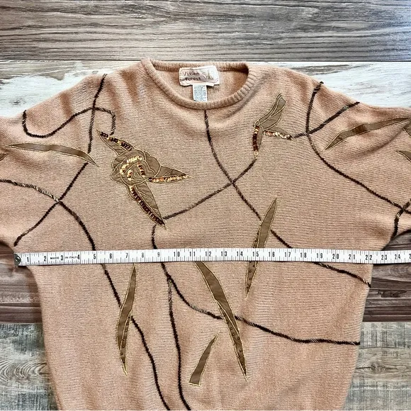 Vtg Vivien Forest Angora Lambswool Embellished Sweater Medium Tan Gold Beaded