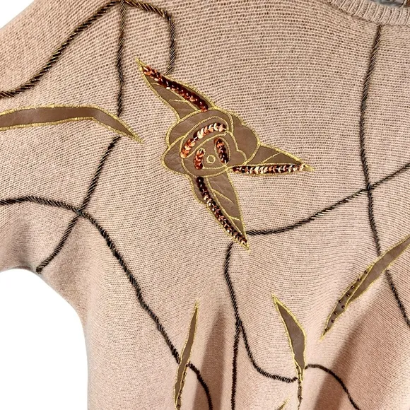 Vtg Vivien Forest Angora Lambswool Embellished Sweater Medium Tan Gold Beaded